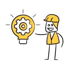 engineer with light bulb and gear yellow doodle and stick figure design