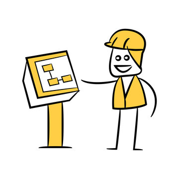 engineer touching monitor control yellow doodle design