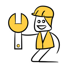 engineer or service man holding wrench tool yellow doodle design