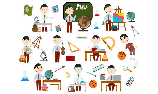 Set Asian boy. School student in different lessons: science, history, sports, art, maths, English, information technology, music. Conducting experiments. Cute Vector Illustration