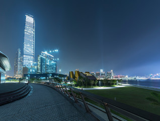 Skyline and public park of downtown of Hong Kong city at night