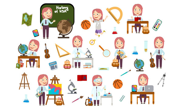 Set girl with fashionable pink hair at school. Student in different lessons: science, history, sports, art, maths, English, information technology, music. Conducting experiments. Vector Illustration