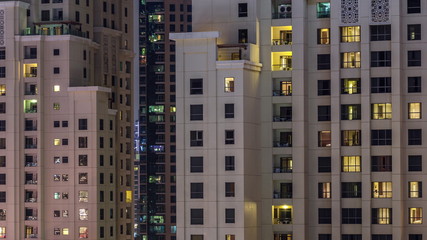 JBR at night timelapse with residential skyscrapers in Dubai, United Arab Emirates