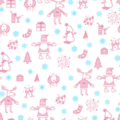 Cristmas seamless pattern. Abstract background with characters and icons. Vector illustration. Template for your design works.