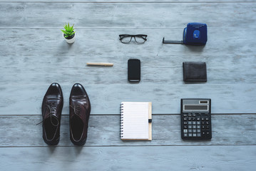 Business accessories flat lay background with copy space.