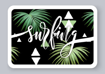Summer tropical vector design for banner or flyer with dark green palm leaves, textured triangles and hand lettering.