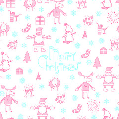 Cristmas seamless pattern. Merry Christmas lettering. Abstract background with characters and icons. Vector illustration. Template for your design works.