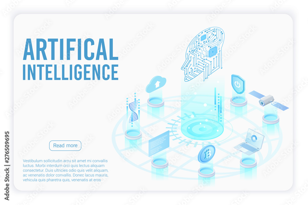 Fototapete Artificial intelligence landing page isometric vector template. Head with circuit board 3d illustration. Futuristic innovation, cloud computing server. Datacenter, database website homepage 3d layout.