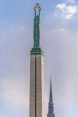 Statue of Liberty on Freedom Monument in Riga city, Latvia