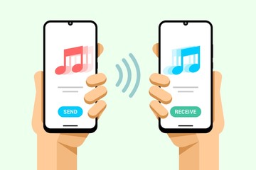 Smartphone mockup in human hand. Send and receive a music track file from phone to phone. Vector colorful technology illustration