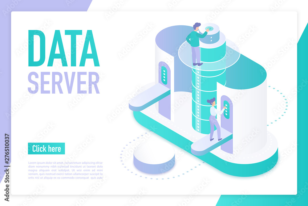 Poster data server landing page isometric vector template. computer information storage, hardware equipment
