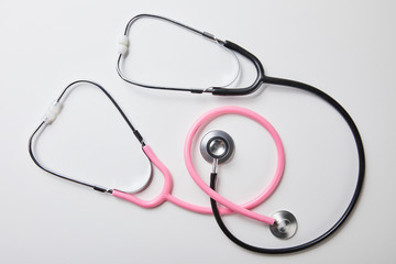 top view of two stethoscopes isolated on white