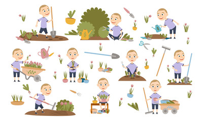 A set of thin blond boy gardening plants, weed beds, watering seedlings, pruning bushes and trees, working in the garden. People and garden tools. Vector illustration