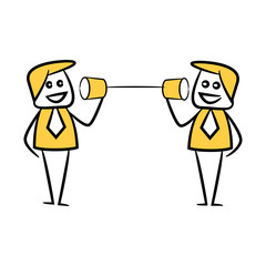 businessman talking with can phone for communication concept yellow stick figure theme