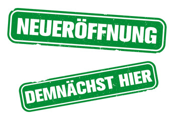grungy rubber stamp with text NEUEROFFNUNG and DEMNACHST HIER, German for OPENING or REOPENING and SOON HERE or COMING SOON, vector illustration
