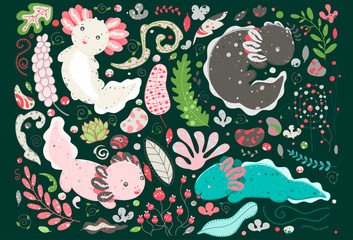 Cute summer Kawaii axolotl, baby amphibian drawing. Cute animal drawing, funny cartoon illustration. Flat style design. Ambystoma mexicanum