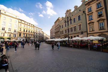 Naklejka premium Poland, Krakow - April, 2019: Main Market Square and St Mary Church.
