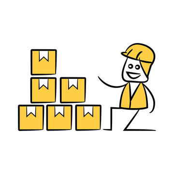 warehouse worker and pile of boxes in yellow theme