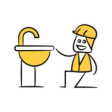 plumber fixing basin in yellow theme