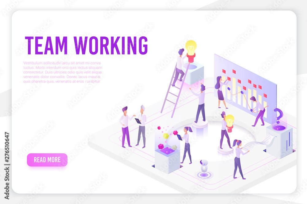 Poster Team working landing page isometric vector template. Stock market analysis and monitoring 3d web banner concept. Marketers and analysts teamwork. Business innovation, analytics website homepage layout