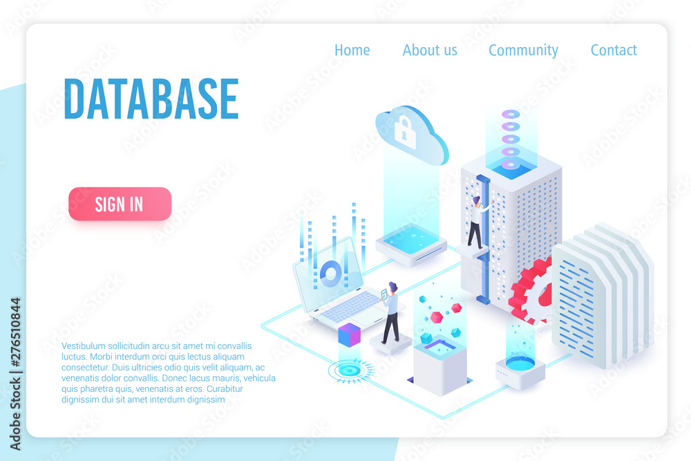 Fototapete Database landing page isometric vector template. Internet of things, data server storage 3d web banner. Wireless technologies, telecommunication. Cloud computing service website homepage layout.
