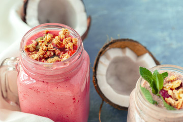 Close up of fruit yougurt smoothie - health living concept