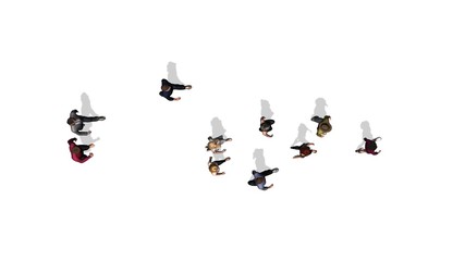 several single people is walking in one direction - top view - isolated on white background