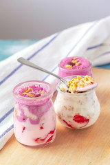 Close up of fruit yougurt smoothie - health living concept