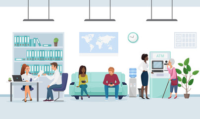 People in bank flat vector illustration. Customer talking with banker, getting loan, credit cartoon characters. Secretary helping senior lady with ATM money withdrawal. Bank office waiting room
