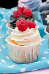 Cupcakes decorated with sprinkles and frosting - close up