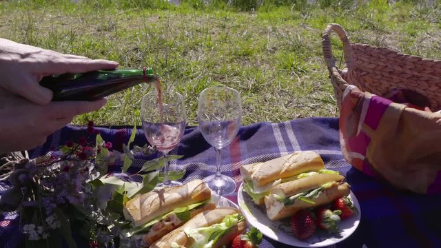 picnic in the park male pouring champagne in glass on the picnic blanket sunny weekend activity