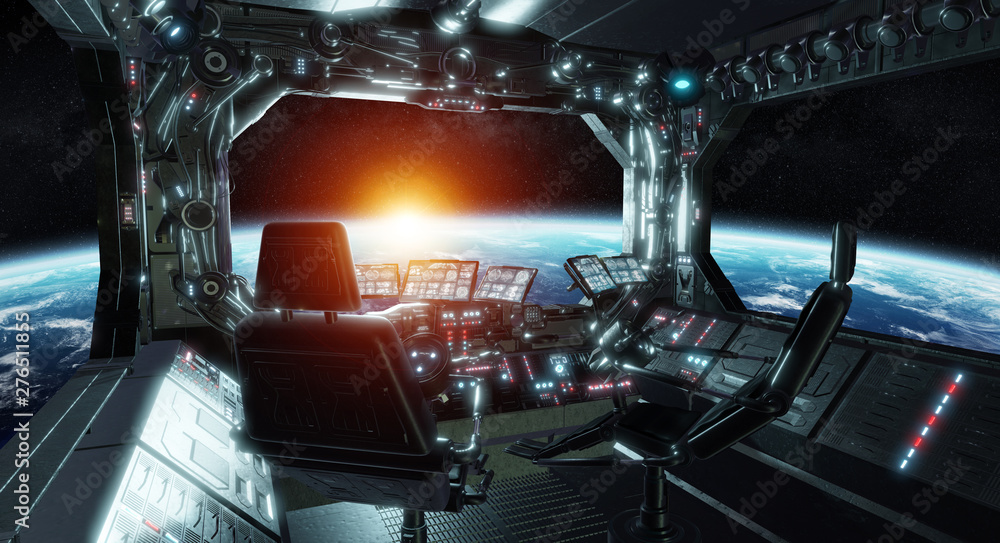 Poster Spaceship grunge interior control room with view on space 3D rendering elements of this image furnished by NASA