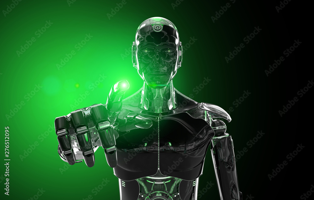 Poster black and green intelligent robot cyborg pointing finger on dark 3d rendering