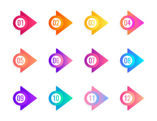 Super set arrow bullet point triangle flags on white background. Colorful gradient markers with number from 1 to 12. Modern vector illustration