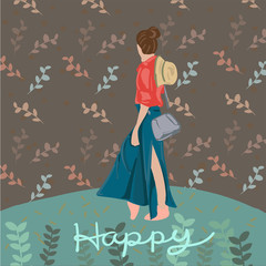 Illustration of women in the garden amidst leaves