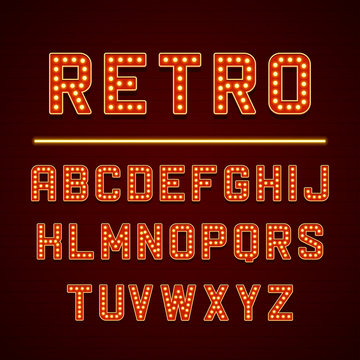 Vector design retro signboard alphabet letters with light bulbs lamps vector illustration