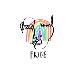 Hand drawing human face line art in cubism style with LGBT flag. Stylish print for clothes, textile and other.