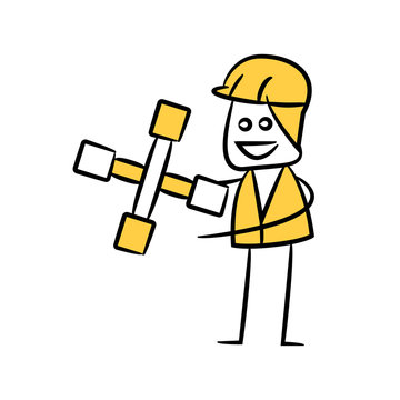 service man holding wrench tool yellow theme