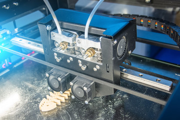 Close up view, electronic dimensional plastic printer during work in laboratory, 3D printer, 3D...