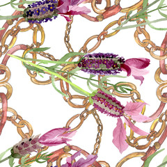 Purple lavender floral botanical flowers. Watercolor background illustration set. Seamless background pattern.