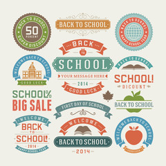 Obraz premium Back to school design elements sale labels and badges set vector illustration.
