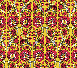Woodblock drukowane bezszwowe etniczne kwiatowy wzór. Tradycyjny orientalny ornament Indii, motyw meandra z czerwonymi kwiatami na żółtym tle. Projektowanie tkanin. - 276515061