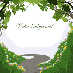 Beautiful background with grass and flowers, winding path with pebbles. Branches with leaves