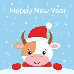 Merry Christmas Funny cow in Santa hat on background snow. Card in cartoon style.