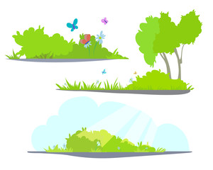 illustration , bushes with grass, butterflies and flowers.