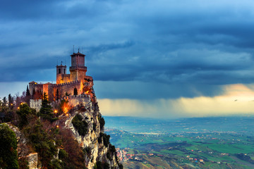 Fototapeta na wymiar San Marino fortress of Guaita at sunset