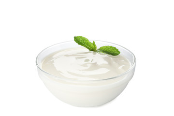 Bowl of sour cream yogurt isolated on white background
