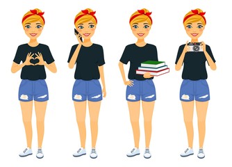 Set. The blonde is holding books, a camera, a phone. Hands making a heart. Cute blonde. Lifestyle and character. Flat style on white background. Cartoon.