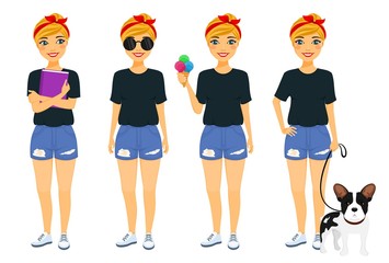Set. The blonde is holding a ice cream, a leash with a dog, a book. Cute blonde. Lifestyle and character. Flat style on white background. Cartoon.