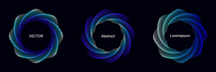 Set of Spiral Dotted Graphic Elements in Blue Tones. Geometric Vector Frames on Black Background.